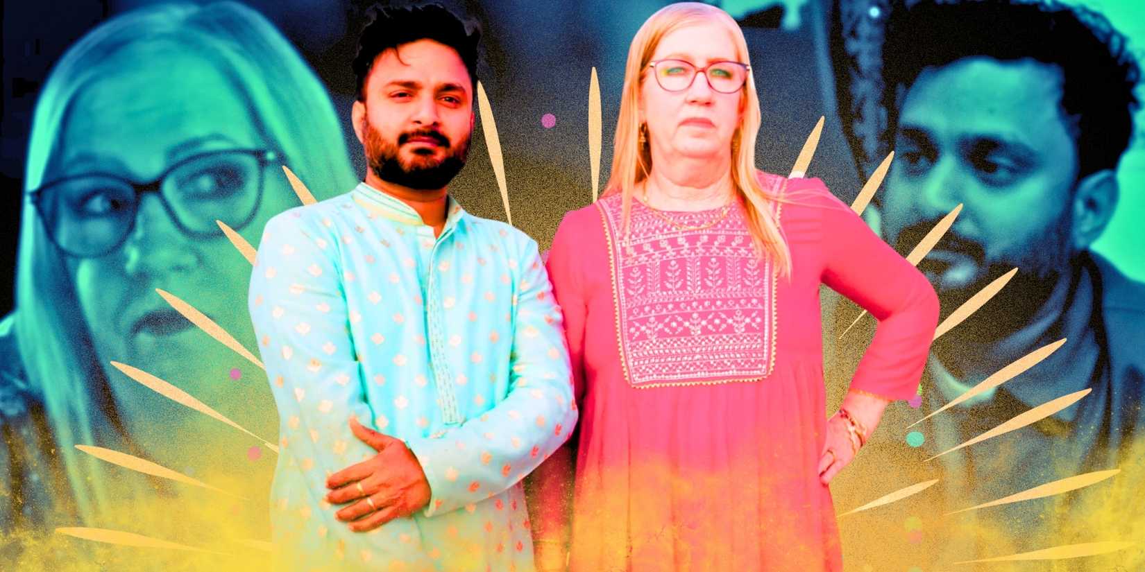 Jenny Slatten and Sumit Singh from 90 Day Fiance in pink dress & Sumit wearing blue kurta in serious looks