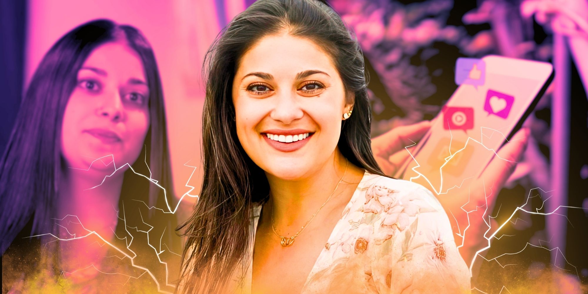 90 Day Fiancé Loren Brovarnik wearing printed dress and smiling with lightning bolt effects and a social media app photo in the background