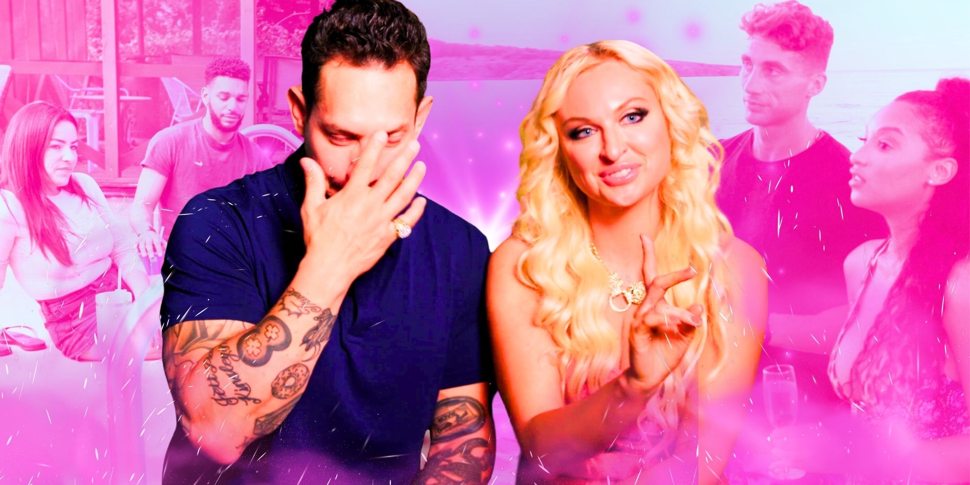 90 Day The Single Life Natalie in pink dress talking and Josh next to her doing a facepalm in blue shirt