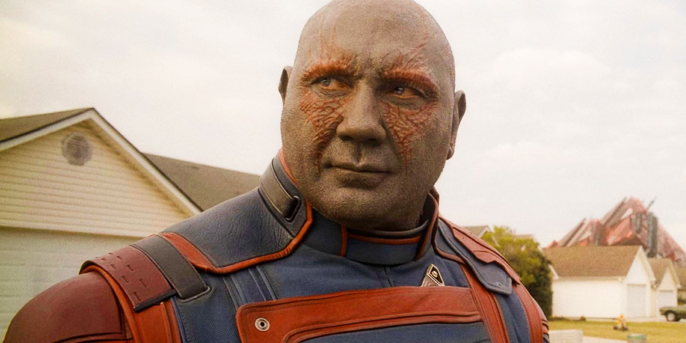 A close-up of Drax in a Counter-Earth neighborhood in Guardians of the Galaxy 3
