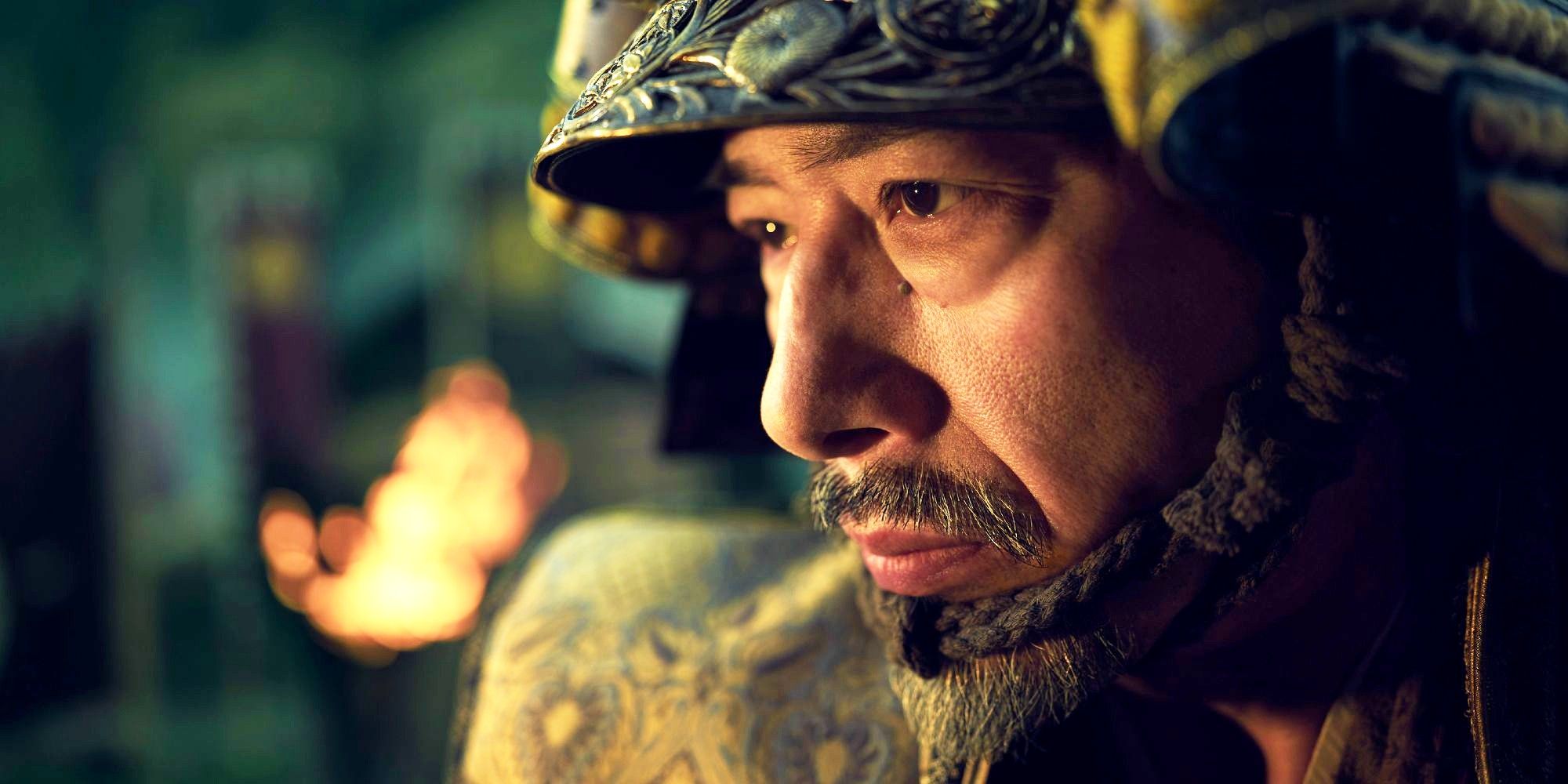 A closeup of Hiroyuki Sanada's Lord Toranaga in Japanese armor in Shogun