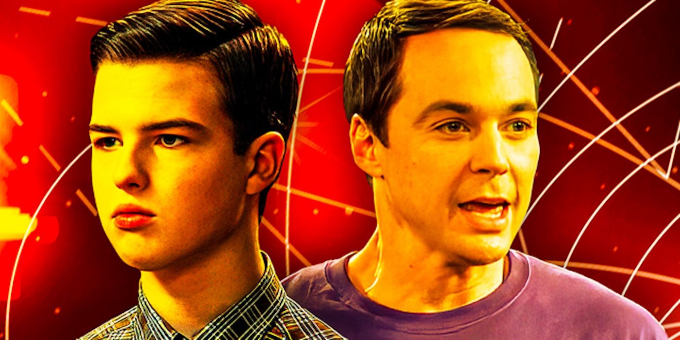 A custom image of Iain Armitage as Sheldon in Young Sheldon and Jim Parsons as Sheldon in The Big Bang Theory