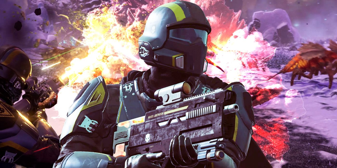 Um soldado Helldivers 2 em armadura pesada usando equipamento lança-chamas no fundo para queimar os inimigos Terminídeos