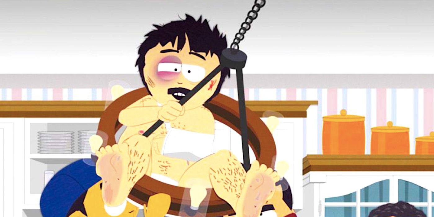 A laughing Randy Marsh swings in a chandelier in his underwear in South Park season 26