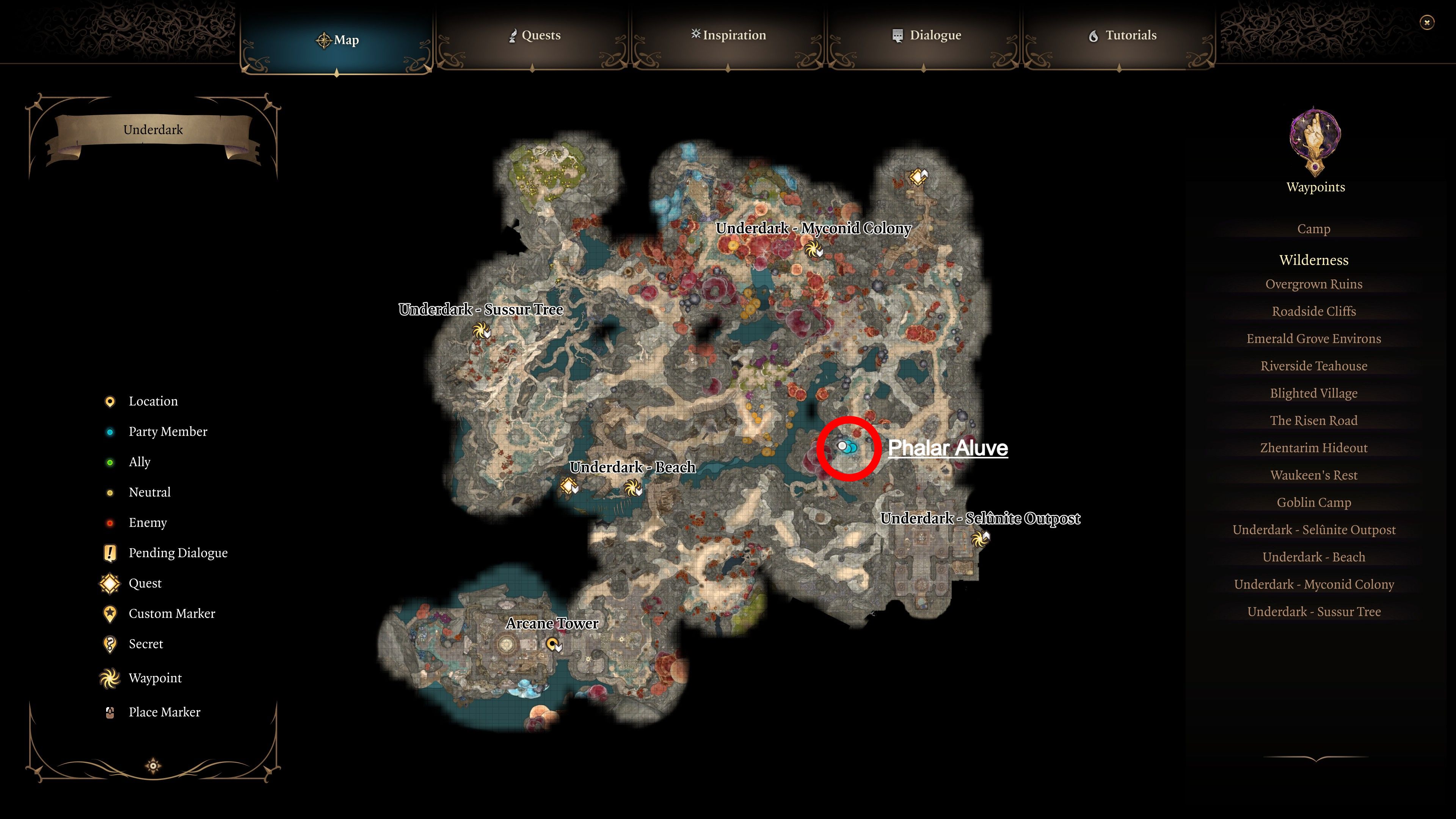 Um mapa do subterrâneo de Baldur's Gate 3 com a localização do mapa Phalar Aluve circulada