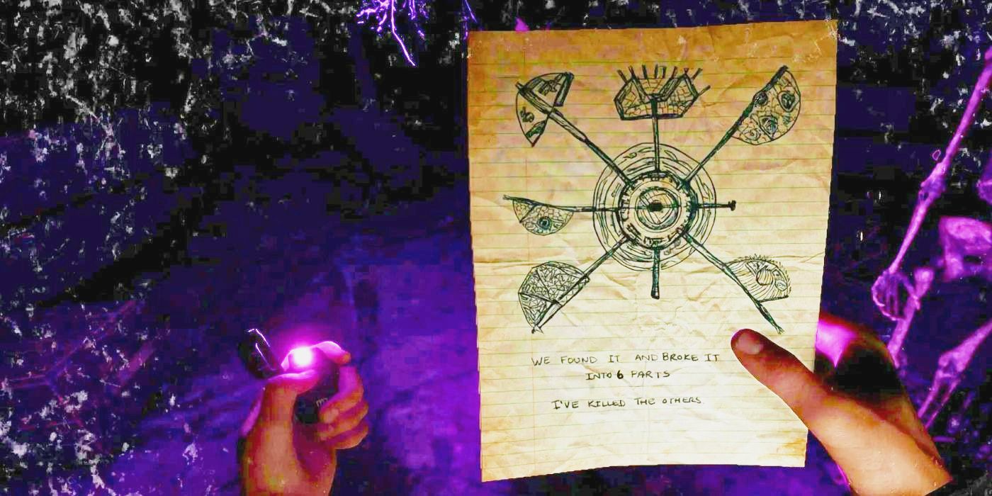 A piece of paper with a sketch of the Artifact being illuminated by a lighter in Sons of the Forest