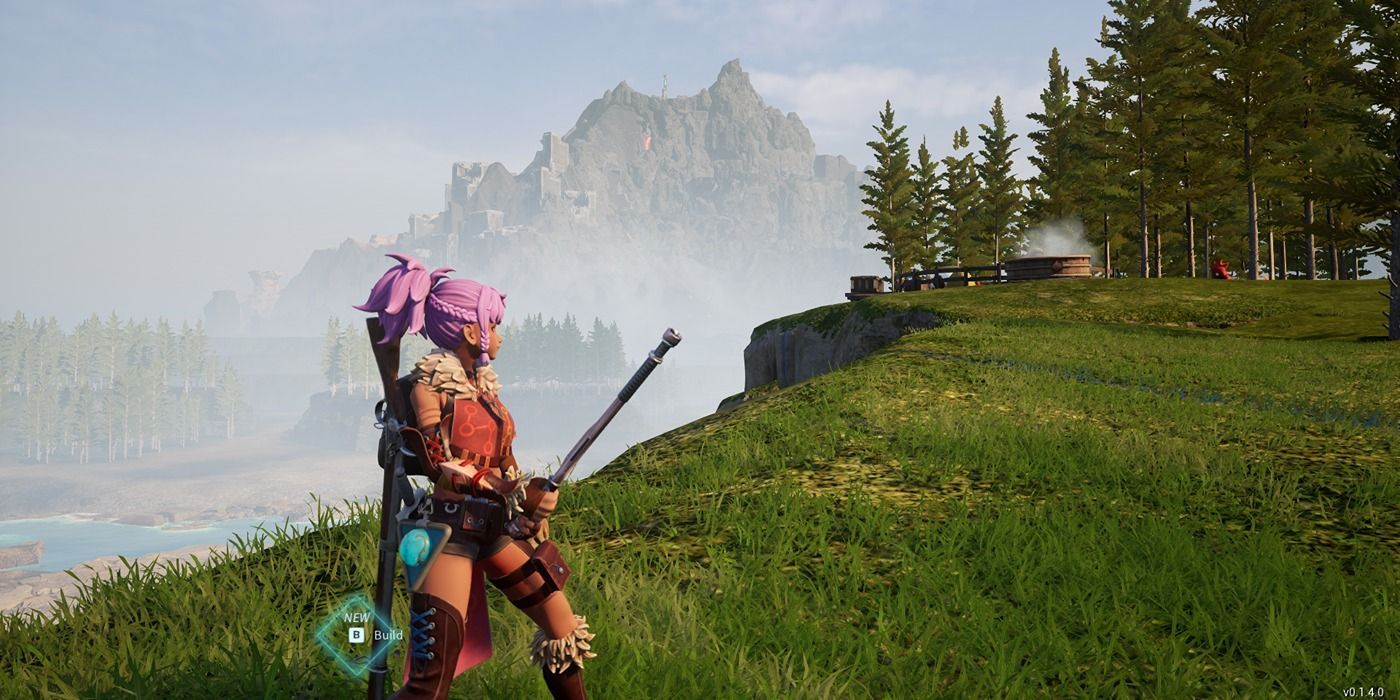 A player character clutches a Stun Baton on a grassy cliff in a screenshot from Palworld.