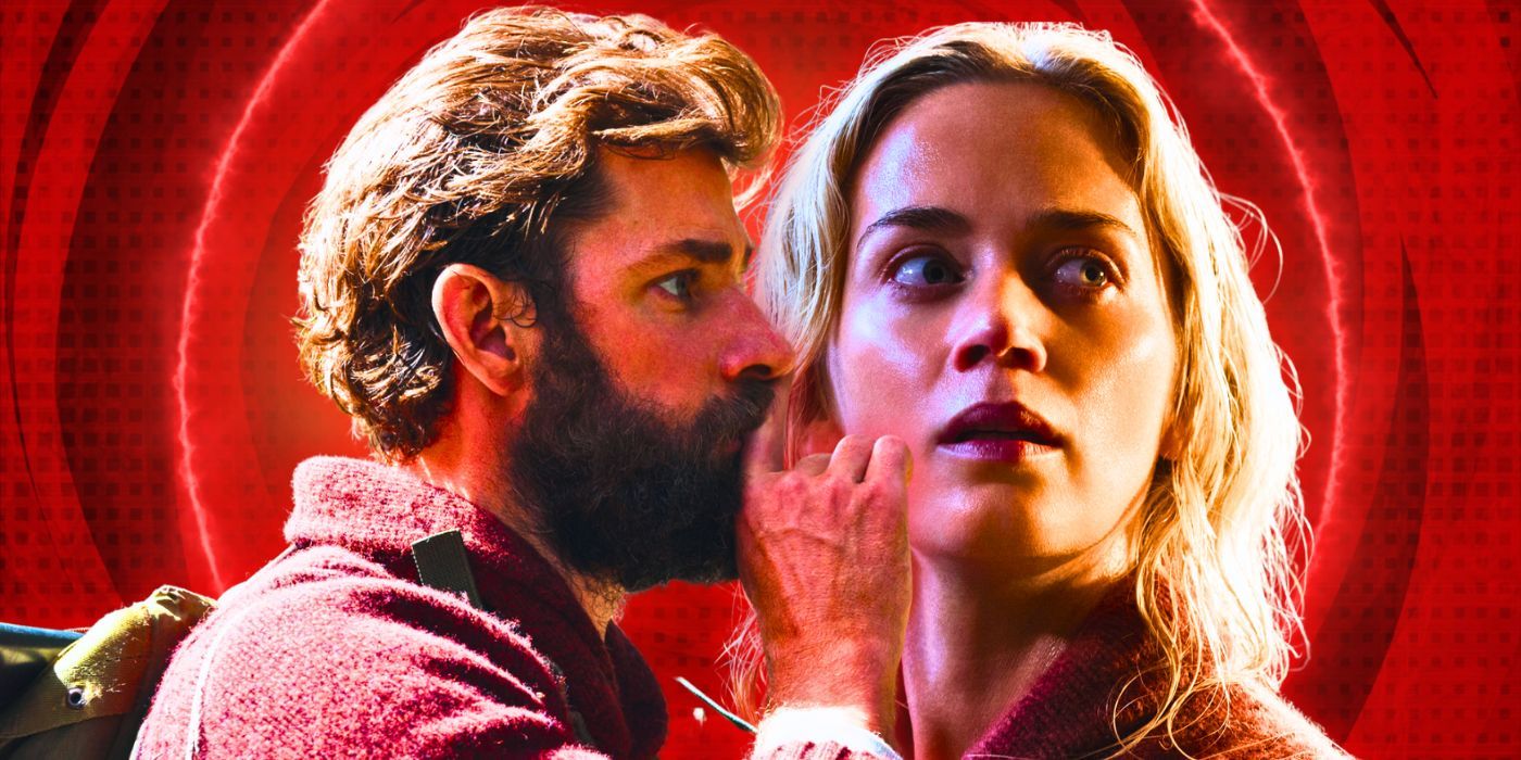 A collage of John Krasinski and Emily Blunt in A Quiet Place