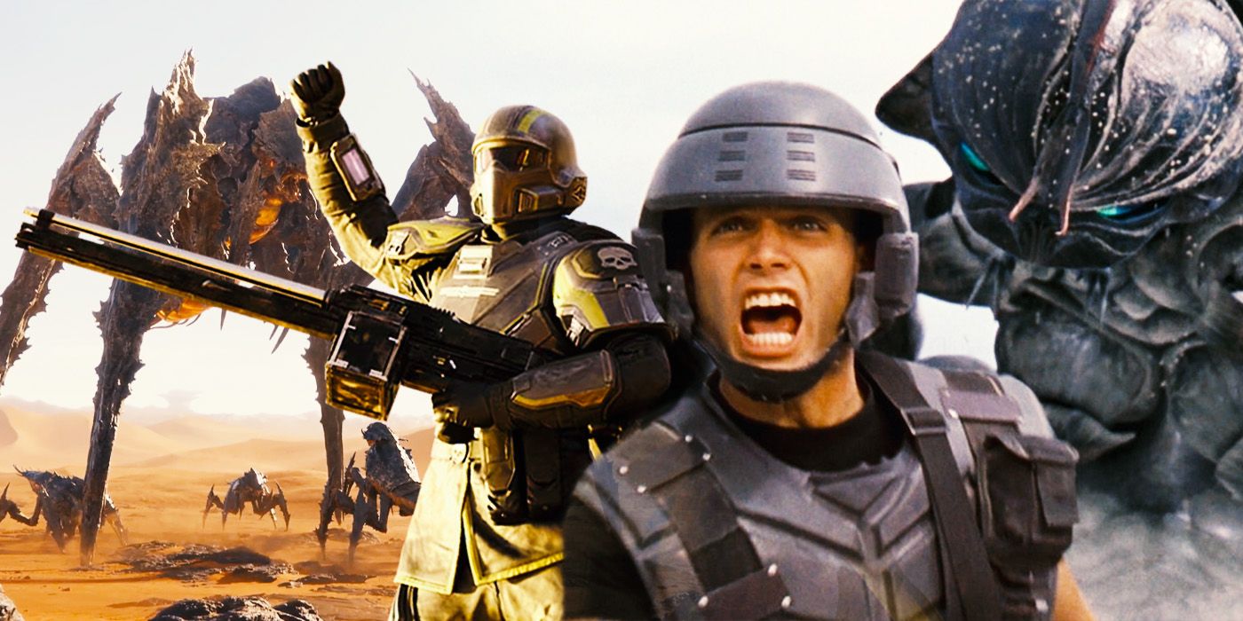Rico from Starship Troopers screams in front of a giant bug, while a Helldiver raises a fist in front of a different kind of giant bug.