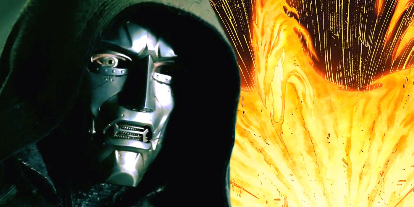 A split image of a live-action Doctor Doom looking shocked and a comic panel of the Phoenix Force