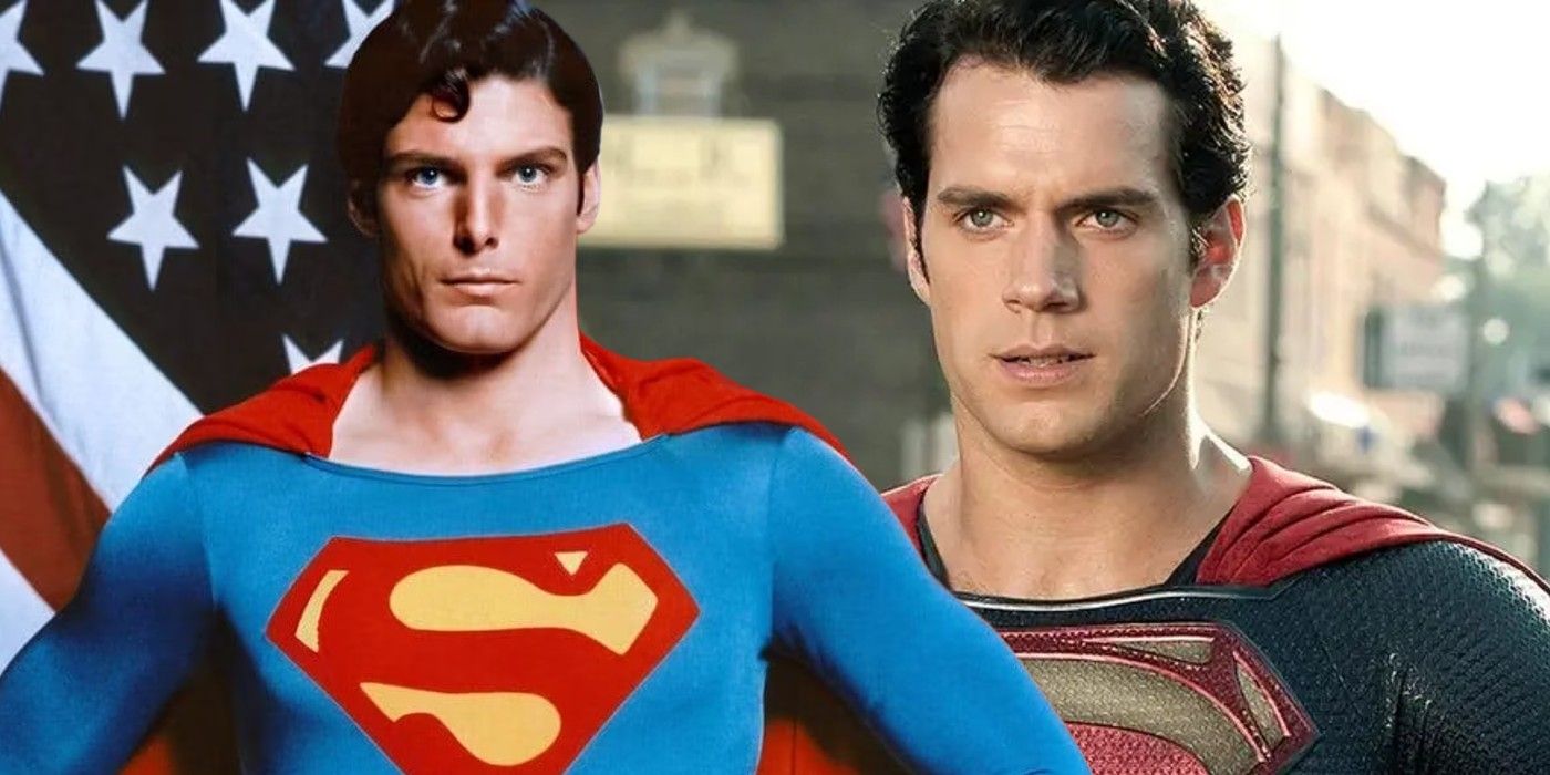 A split image of Christopher Reeve and Henry Cavill as Superman
