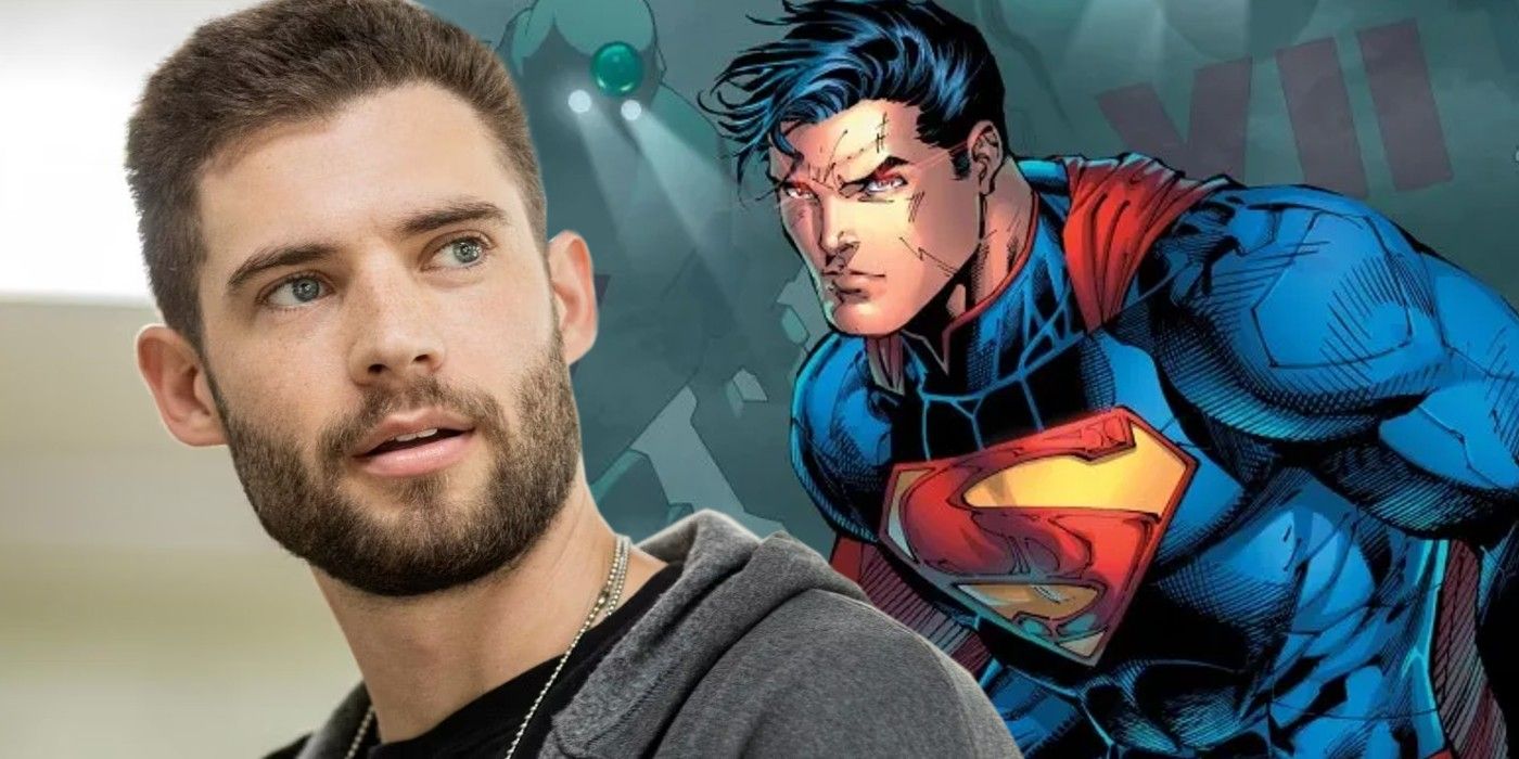 A split image of Davis Corenswet and art of Superman from DC's New 52 continuity-1