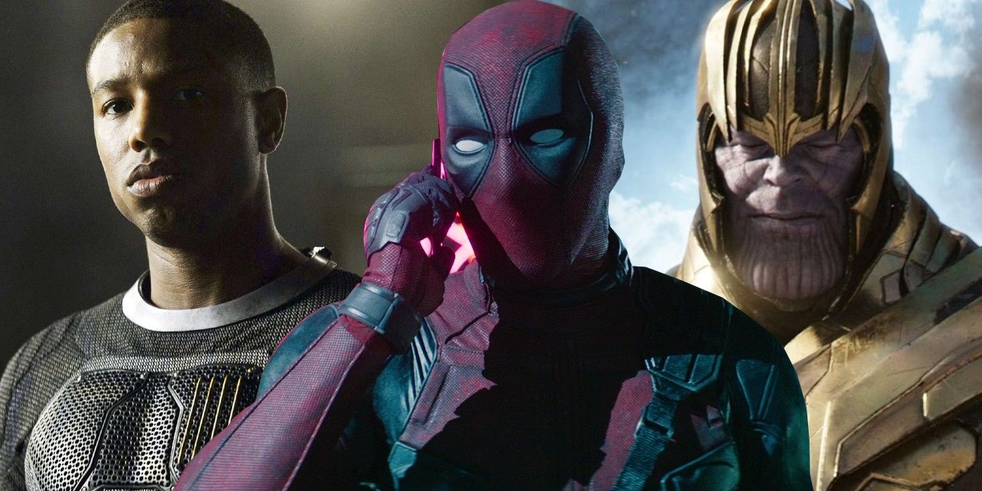 A split image of Deadpool from Deadpool 2, Human Torch from Fantastic Four (2015) and Thanos from Avengers Endgame