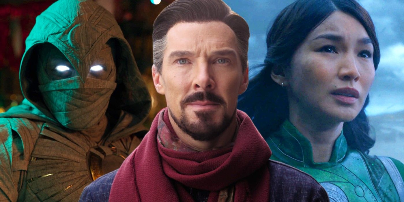 A split image of Doctor Strange, Moon Knight, and Sersi in the MCU