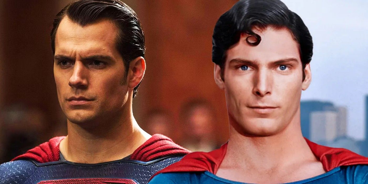 A split image of Henry Cavill and Christopher Reeve as Superman in their respective DC movies