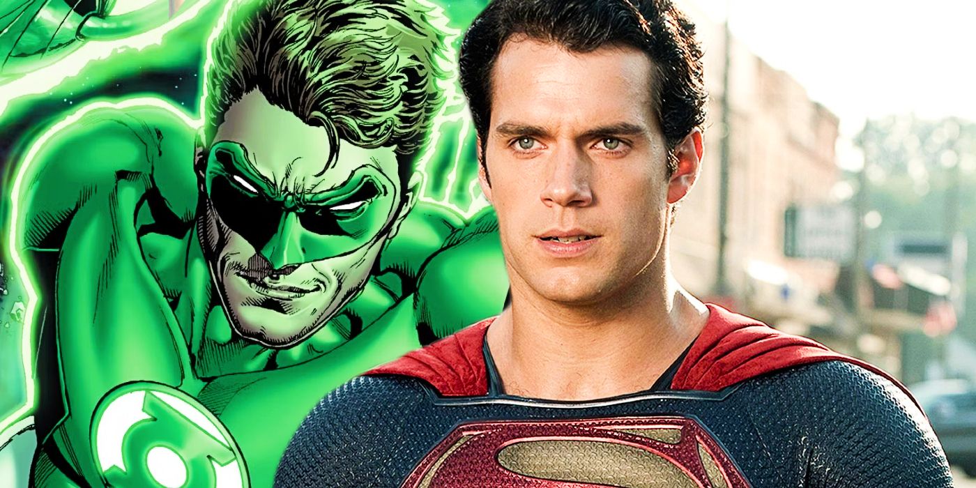 A split image of Henry Cavill as Superman in Justice League and a comic panel shot of Hal Jordan as a Green Lantern in DC comics