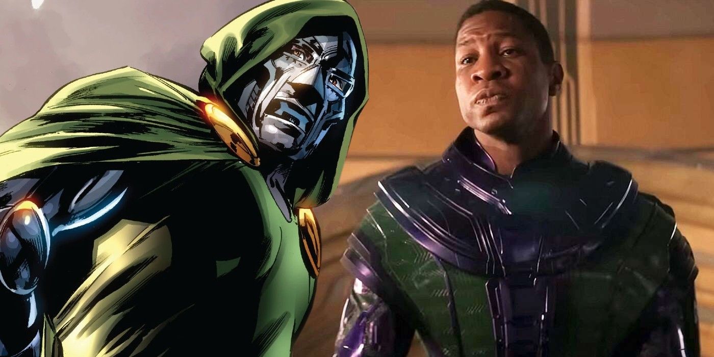 A split image of Kang from Ant-Man 3 and Doctor Doom from a Marvel comic