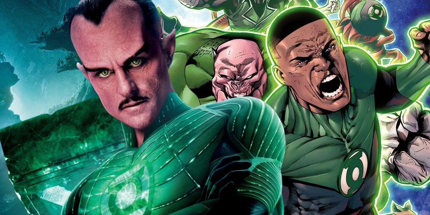 A split image of Sinestro from Green Lantern (2011) and the Green Lantern Corps from a DC comic