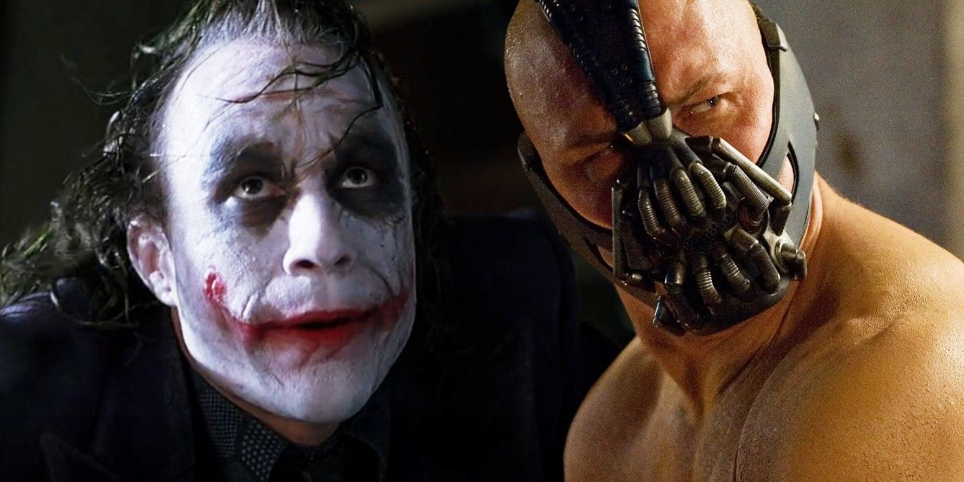 A split image of the Joker from The Dark Knight and Bane from The Dark Knight Rises