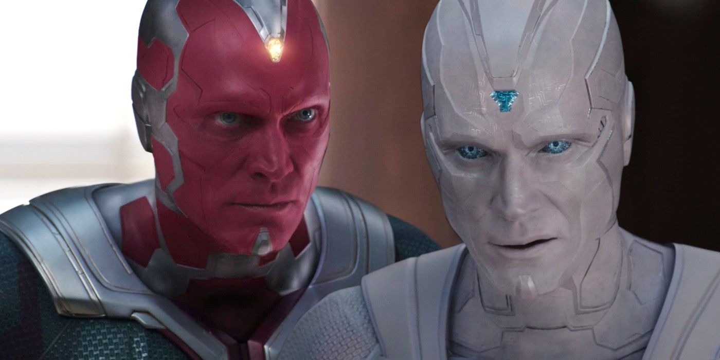 A split image of Paul Bettany's Vision and White Vision staring intensely in WandaVision