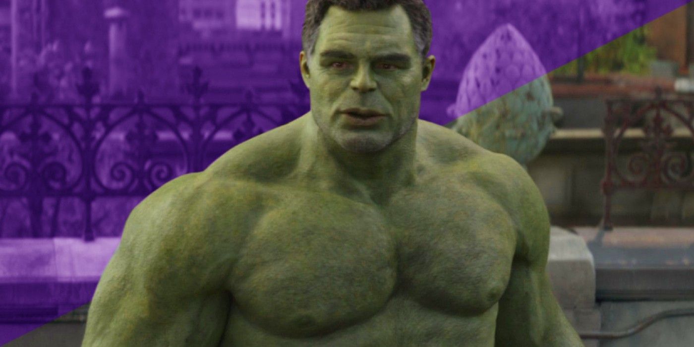 A stylized image of Smart Hulk talking to the Ancient One in Avengers Endgame