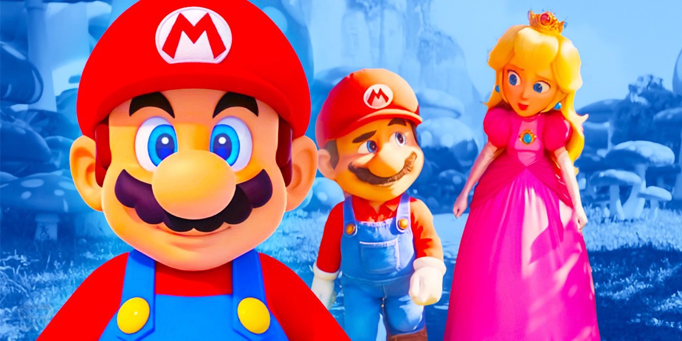 A video game version of Mario next to Mario and Peach from The Super Mario Bros. Movie