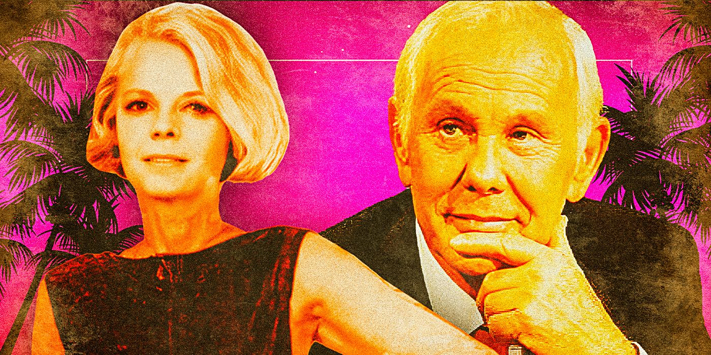 A vintage looking collage of Janet de Cordova and Johnny Carson with a pink Beverly Hills background and palm trees