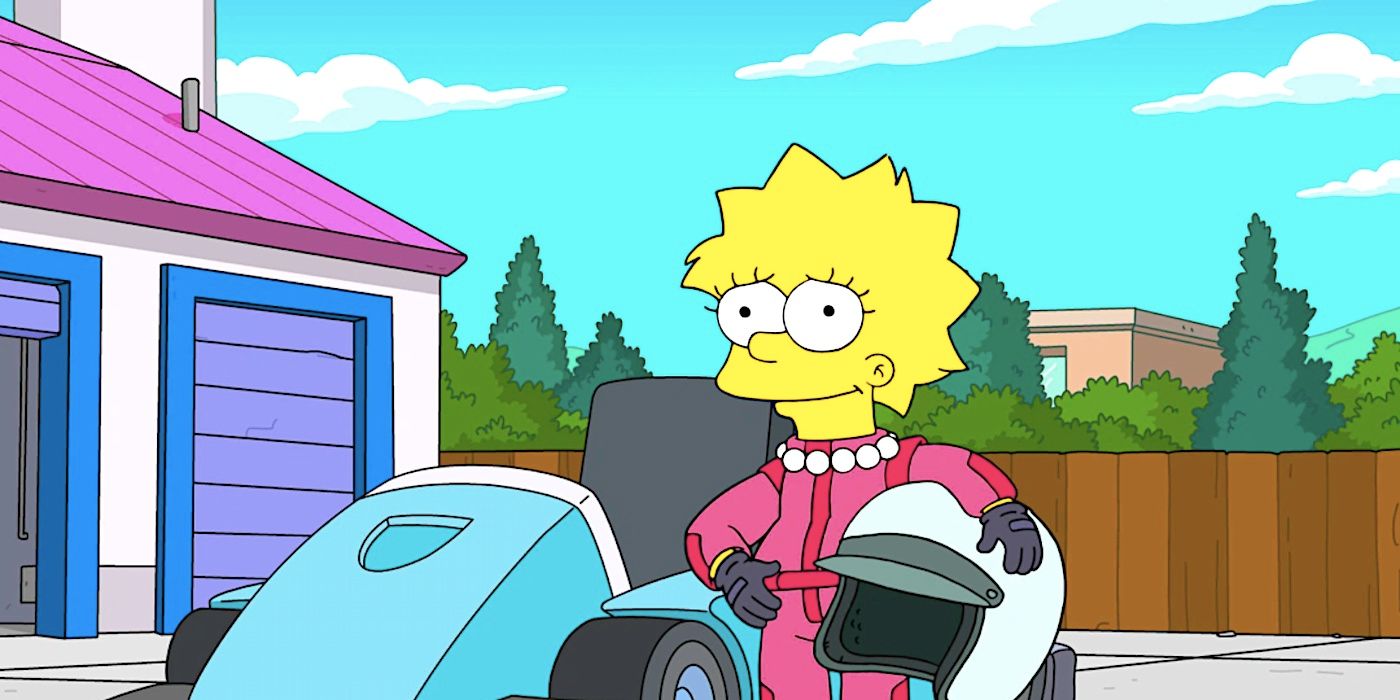 A worried looking Lisa smiles beside her go-kart in The Simpsons season 35 episode 12