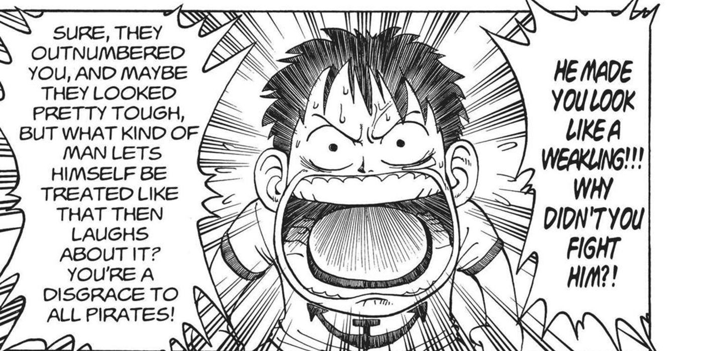 A young Luffy yells at Shanks for looking like a weakling in One Piece
