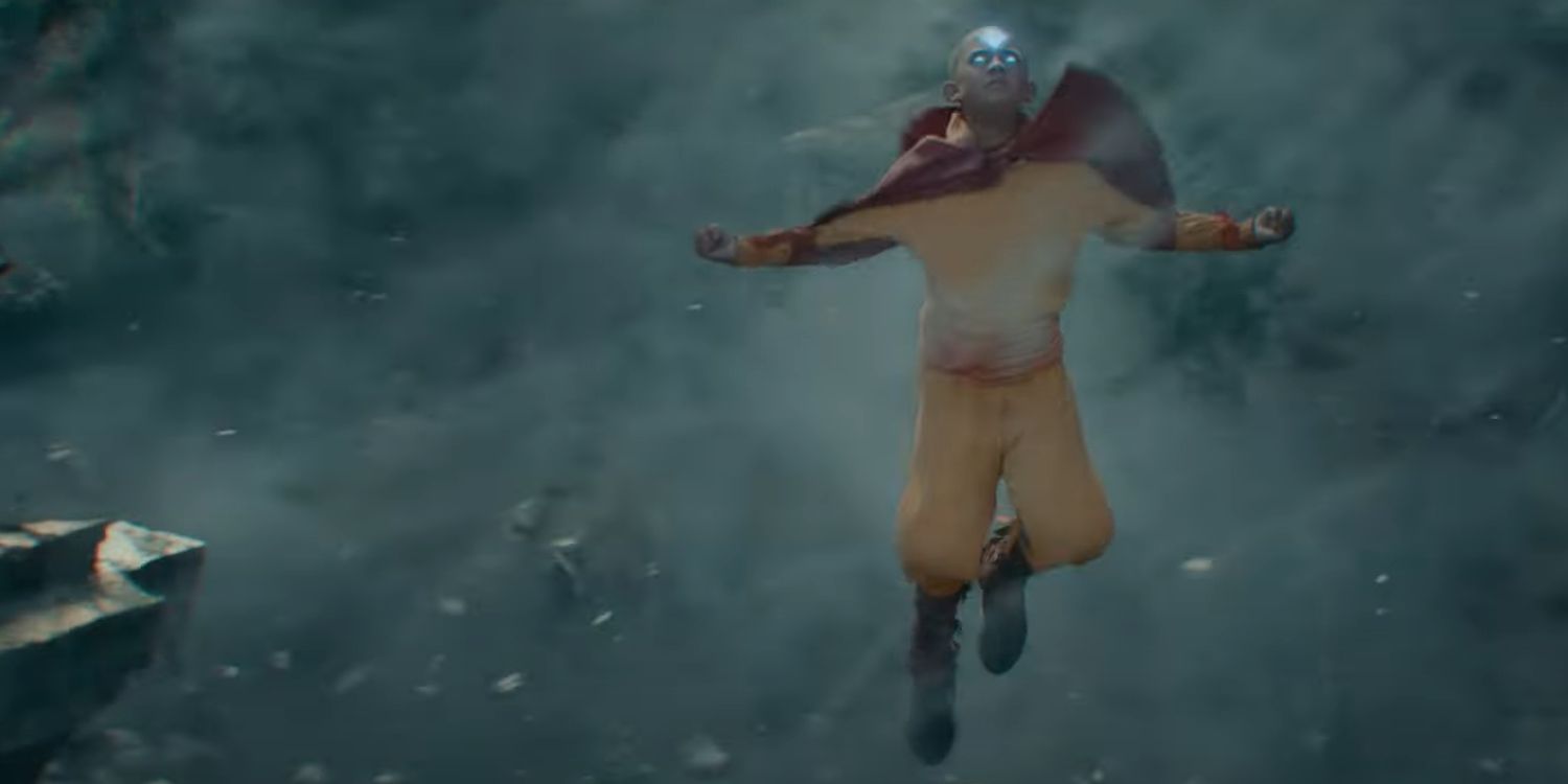 Aang lifts himself up with airbending as he is in the state of an avatar in Avatar: The Last Airbender
