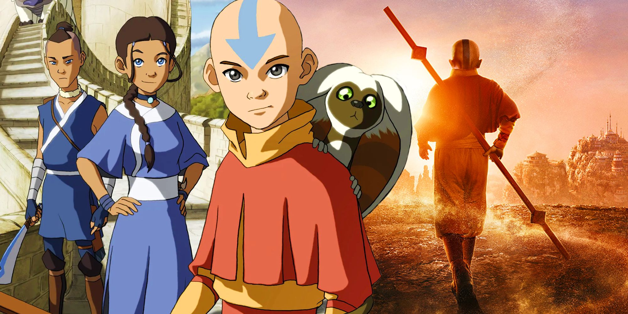 Aang in the poster for Netflix's Avatar: The Last Airbender next to the poster for the original show