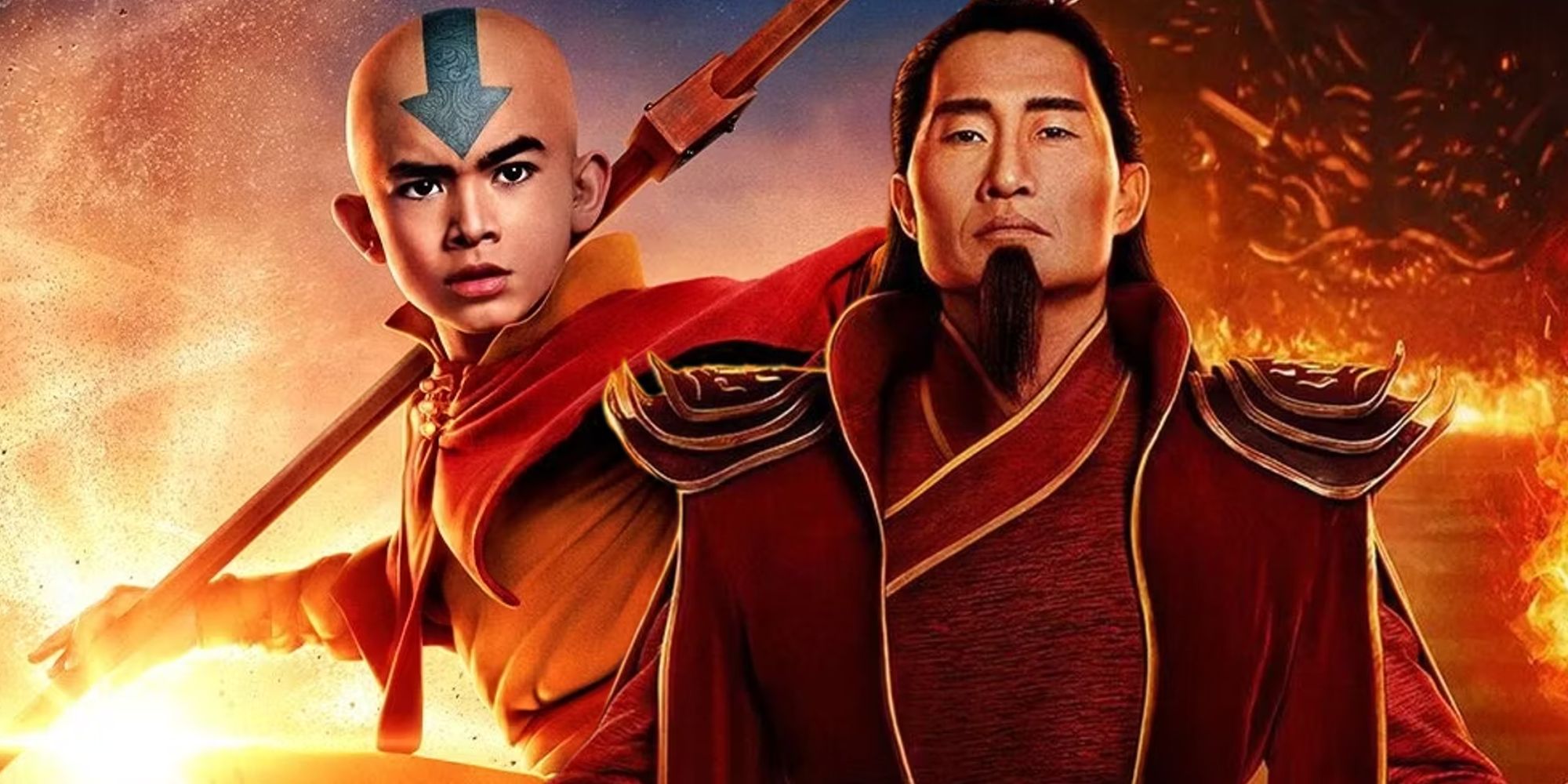 The character posters for Aang and Ozai from Netflix's Avatar: The Last Airbender