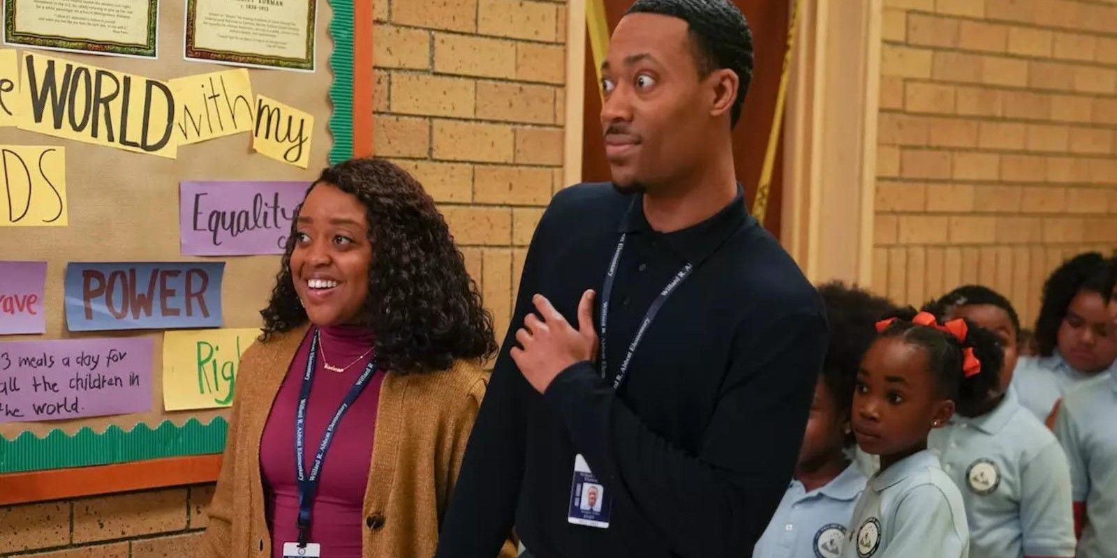 Janine and Gregory looking happy in Abbott Elementary season 3