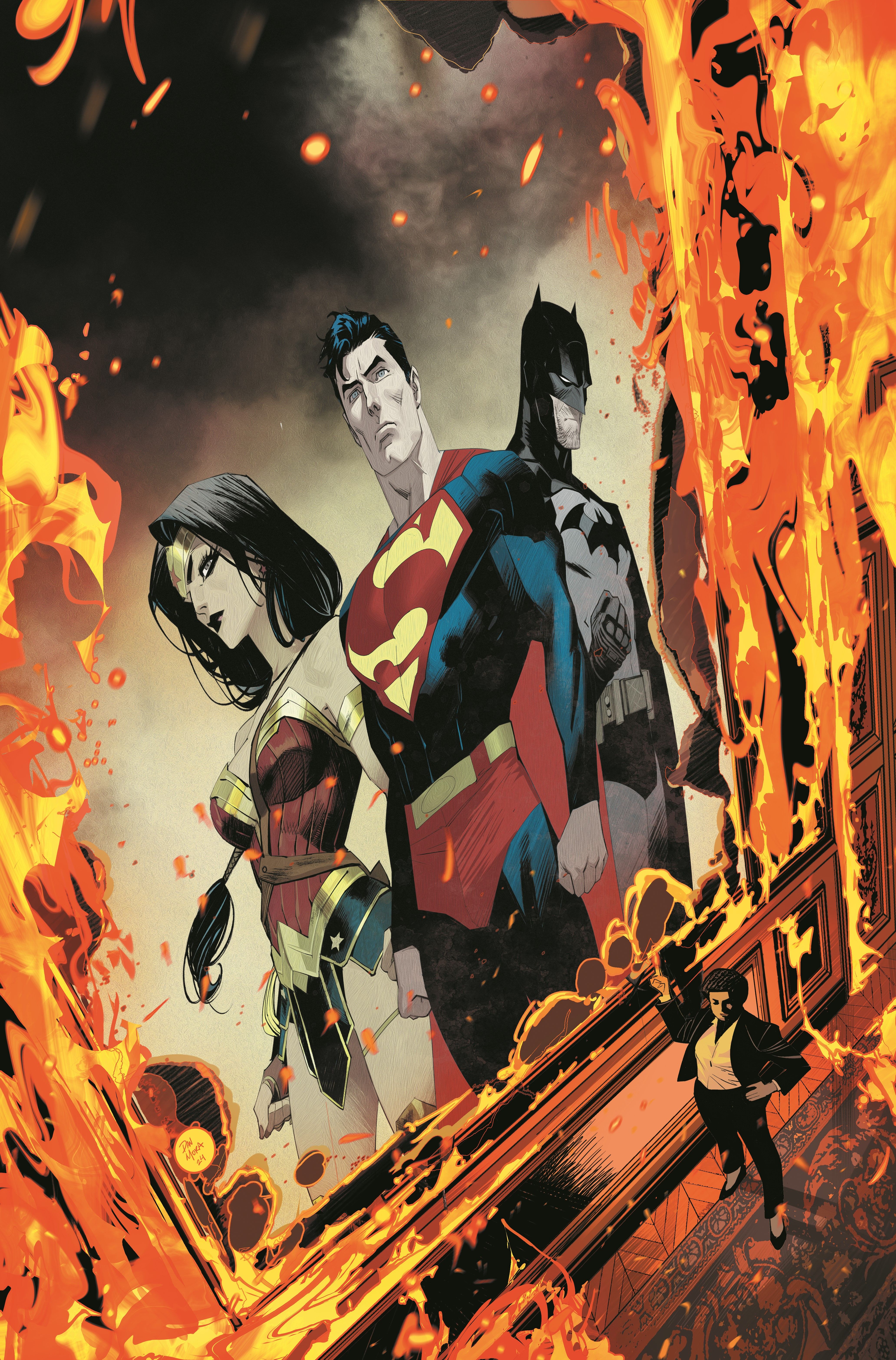 Absolute Power Ground Zero 1 Capa principal: Amanda Waller está em frente a um retrato em chamas da Mulher Maravilha, Superman e Batman.