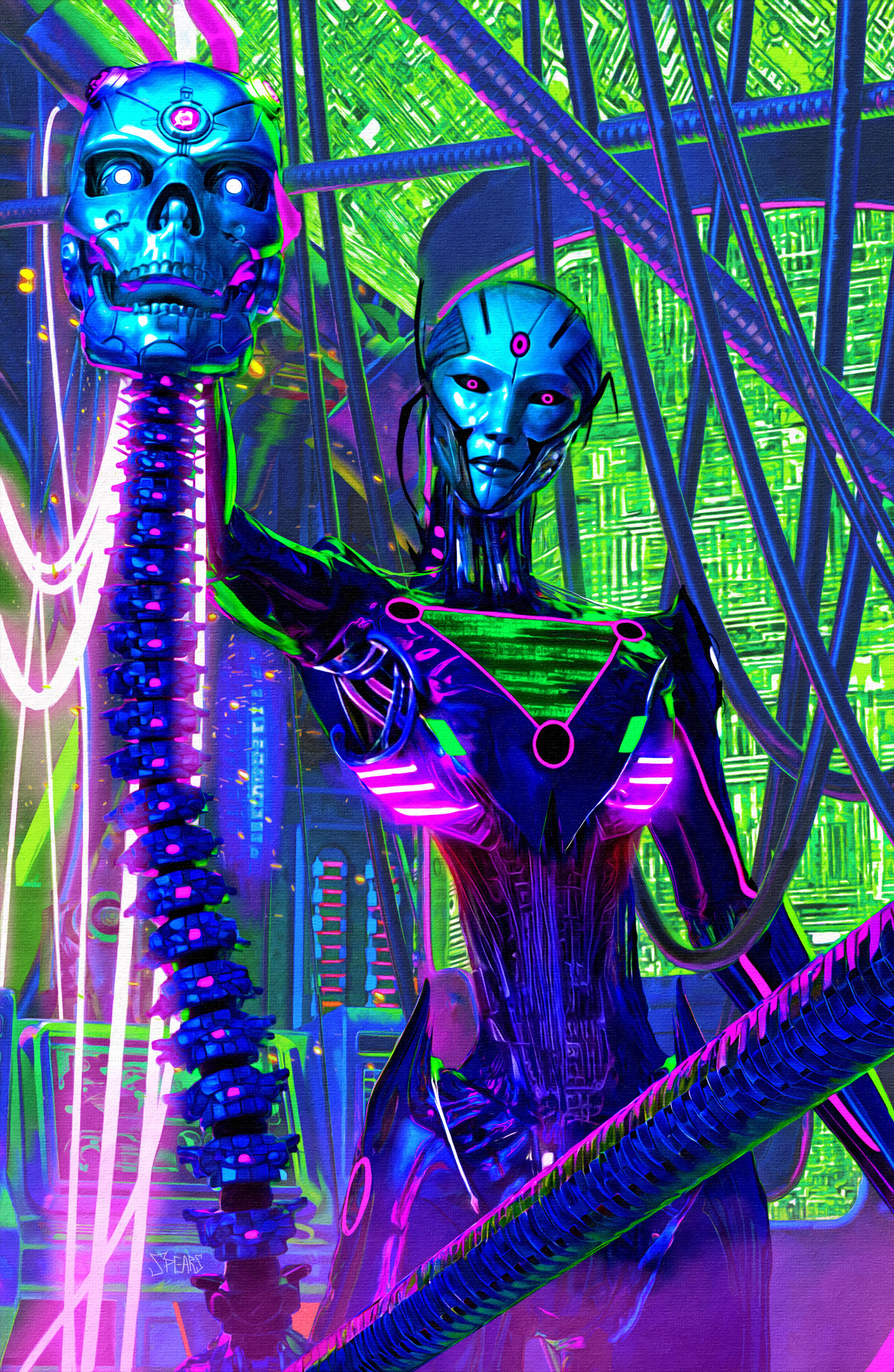 Capa da variante de lanças da Action Comics 1065: Brainiac Queen segurando um crânio robótico.