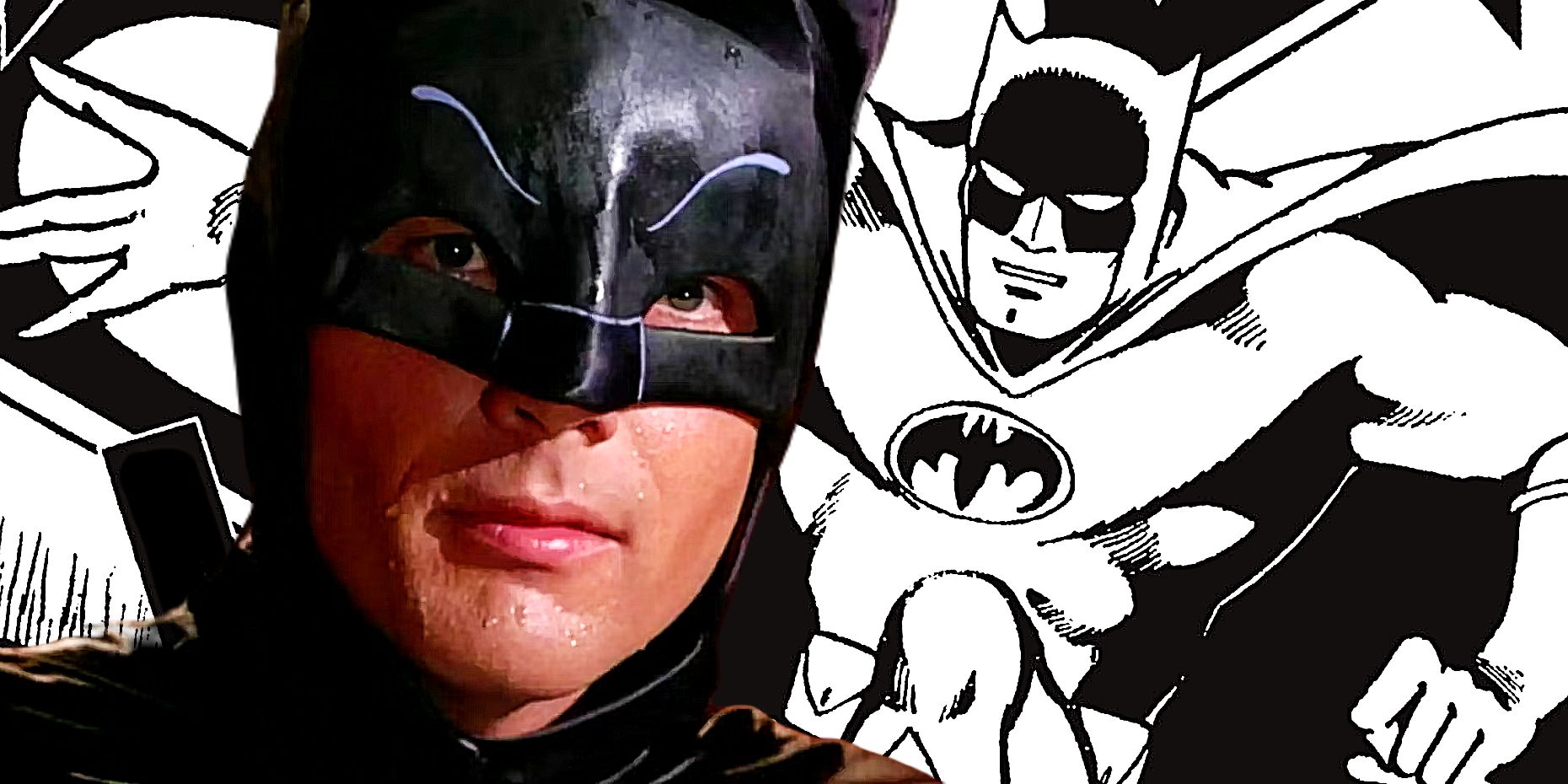 Adam West Meets Jiro Kuwaat’s Batman in a collage style image depicting the live action and manga character together.