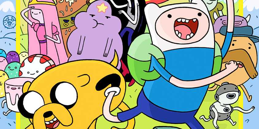 Finn & Jake run toward reader (foreground). Princess Bubblegum, Marceline, and Lumpy Space Princess (background)