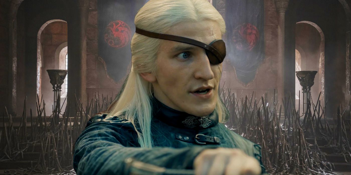 Close up of Aemond in front of the Iron Throne in House of the Dragon