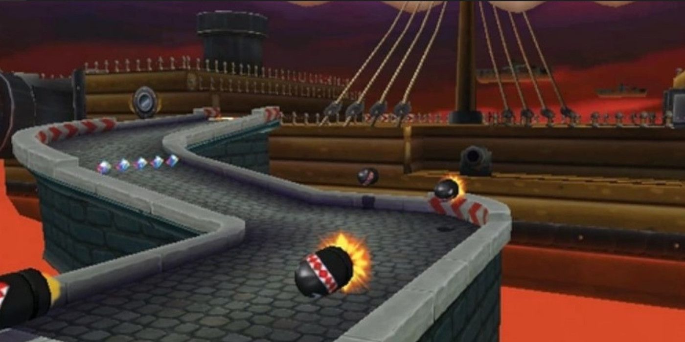 Fortaleza de dirigível em Mario Kart DS mostrando Bullet Bills sendo baleado.