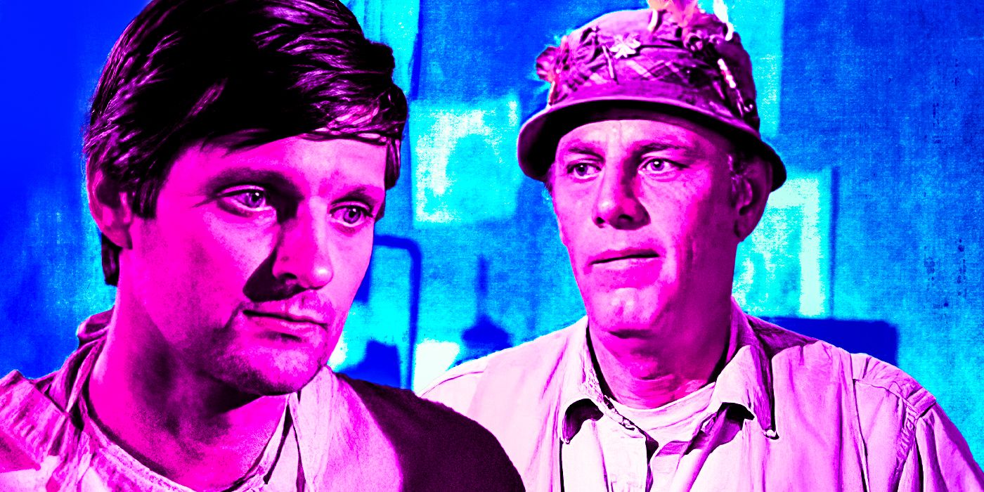 MASH collage image featuring Alan Alda's Hawkeye in surgical garb looking said and McLean Stevenson's Blake