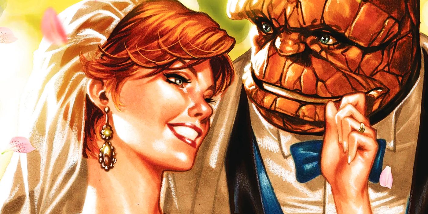A closeup on Alicia Masters-Grimm&rsquo;s face from her wedding to Ben Grimm. She wears her wedding veil behind her hair and ornate earings, reaching up to cup Ben&rsquo;s rocky features; holding her in his arms, Ben smiles back at her.