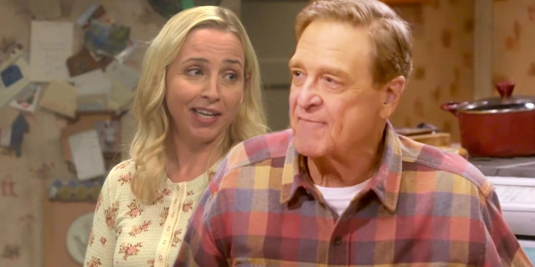 Lecy Goranson as Becky Conner speaking  and John Goodman as Dan Conner looking satisfied in The Conners.
