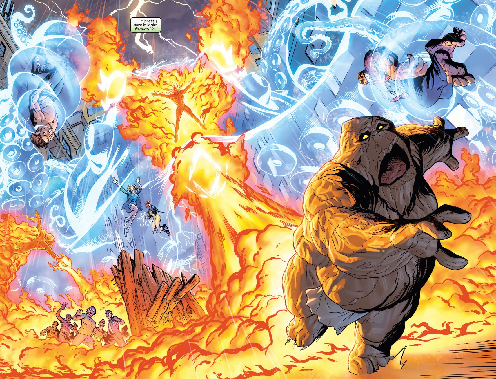 A bombastic fight scene plays out, with the Human Torch erupting gouts of flame against a terrified, blob-shaped monster while Sue holds the mind-controlled Ben and Reed in the tentacles of a giant force-field octopus. Alicia floats behind Sue, guiding her and Johnny's actions.