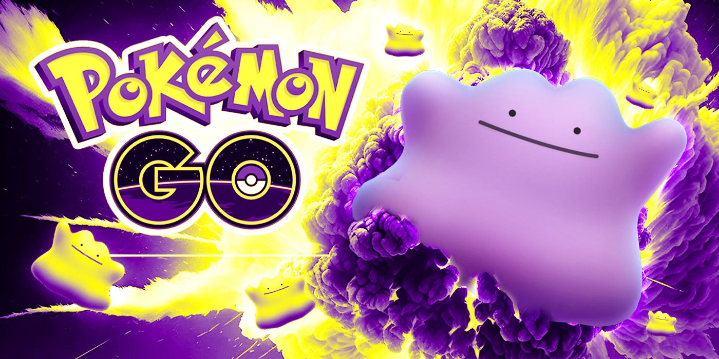 Ditto flies forward behind a purple and yellow explosion, with yellow-tinted Dittos flying off to the sides. The logo for Pokémon GO sits beside the big Ditto.