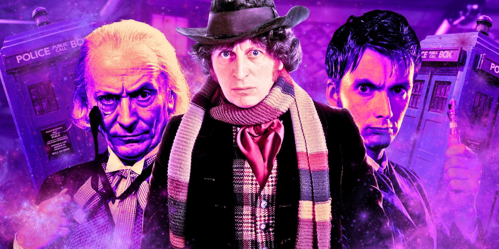 Tom Baker, William Hartnell, and David Tennant from Doctor Who as The Doctor
