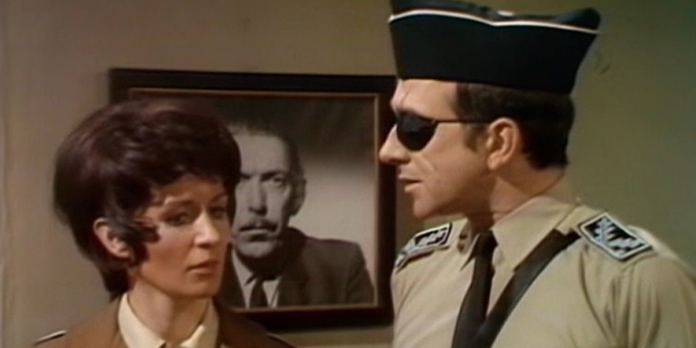 Alternate Liz Shaw and the Brigadier in Doctor Who's "Inferno."