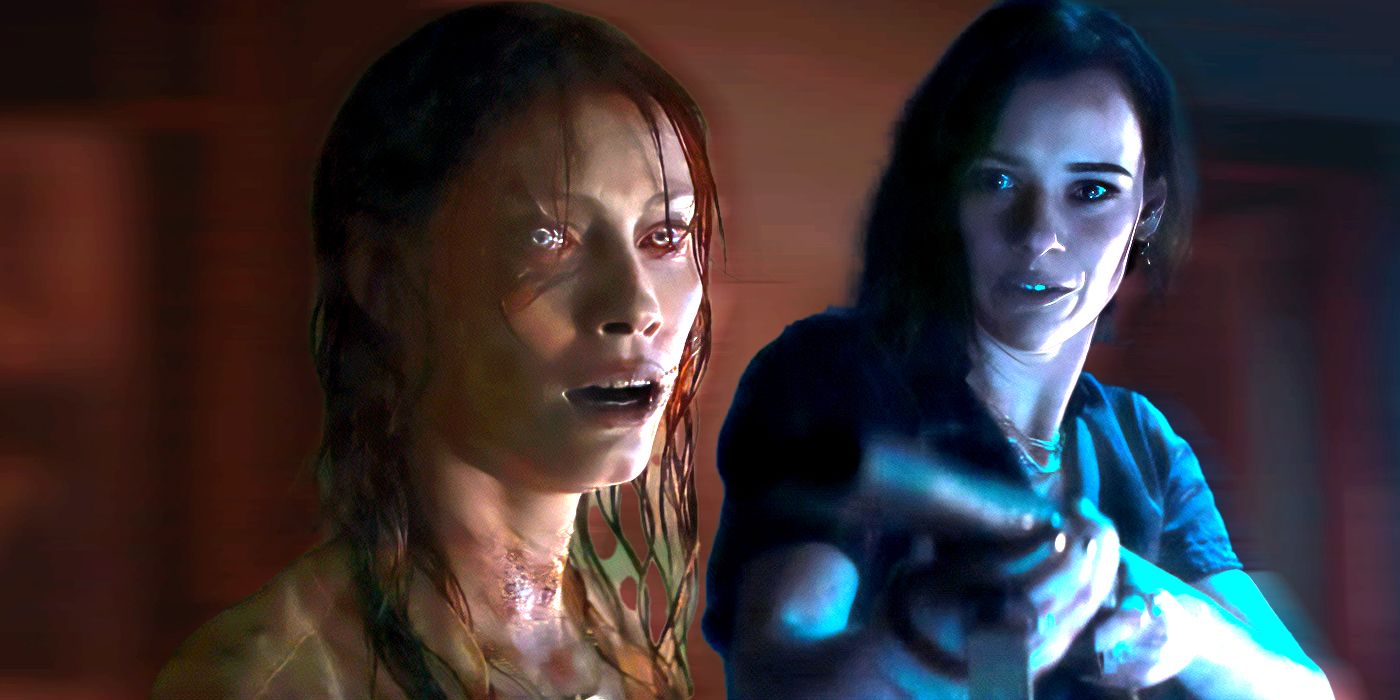 Alyssa Sutherland looks on possessed and Lilly Sullivan points a shotgun in Evil Dead Rise