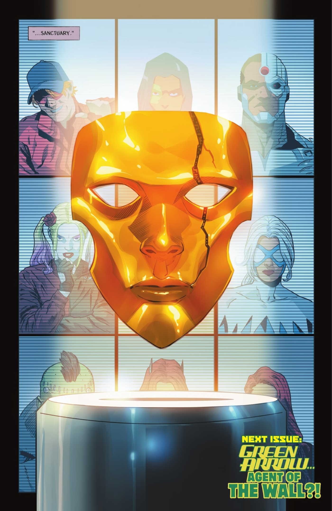 Comic book page: a gold mask floats in front of a screen featuring DC Comics heroes.