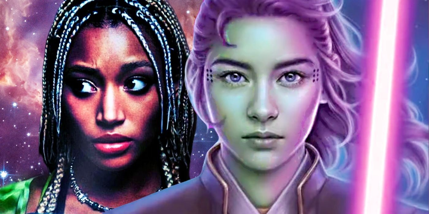 Amandla Stenberg, star of The Acolyte, next to a drawing of Vernestra Rwoh holding a purple lightsaber from the High Republic era of Star Wars, set against a starry background