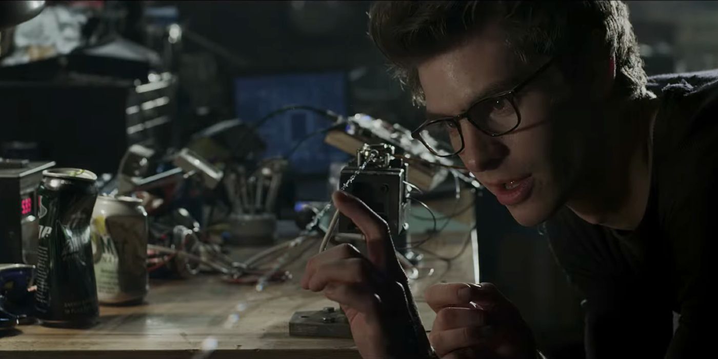 Peter Parker (Andrew Garfield) invents Spider-Man's webbing and web-shooter